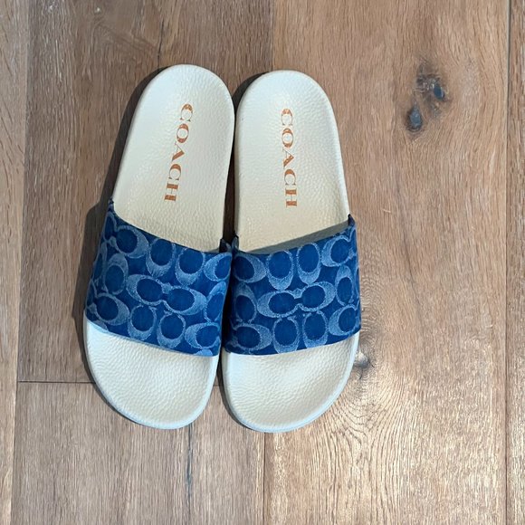 NEW Coach Udele Signature Monogram Denim Pool Slides in Denim/Chalk 10 - Picture 8 of 11